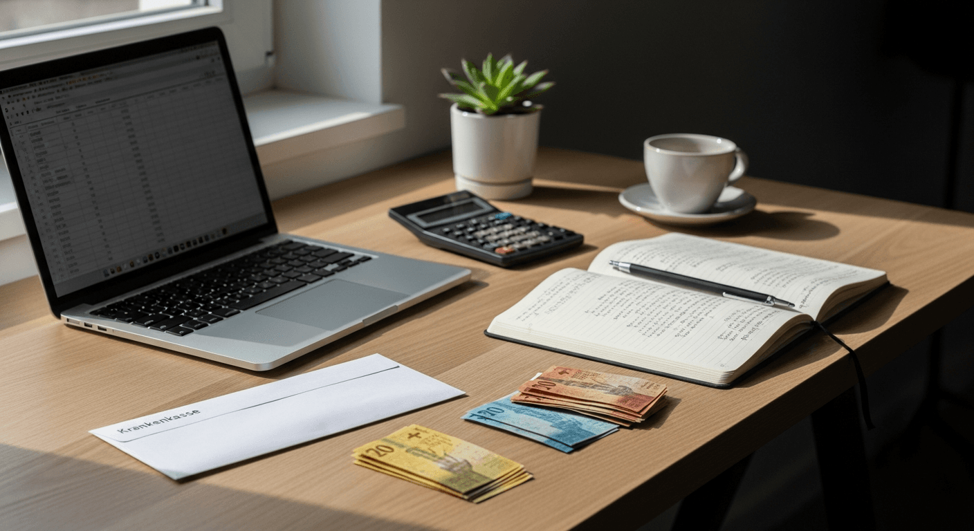 Schweizer Home-Office-Schreibtisch mit Laptop, Krankenkassen-Brief, Schweizer Banknoten und Notizbuch im Tageslicht
