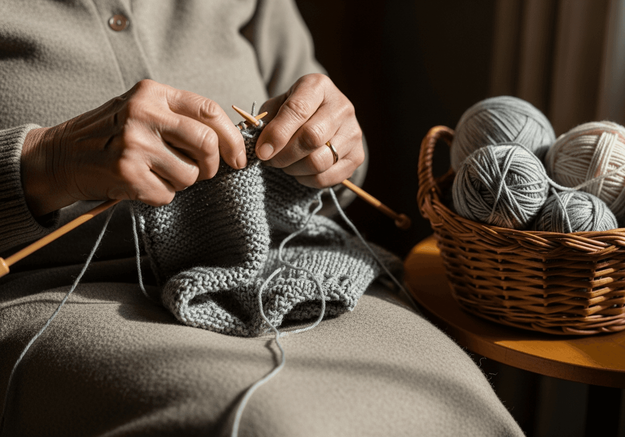 Hände einer älteren Schweizer Frau beim Stricken mit grauer Wolle · Symbolbild für etablierte Strukturen und ruhige Verlässlichkeit