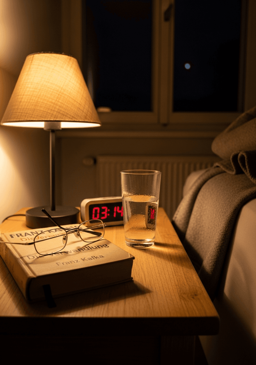 Schwach beleuchteter Nachttisch in einem Schweizer Schlafzimmer mit Buch, Brille, Wasserglas und Wecker, der 03:14 Uhr anzeigt