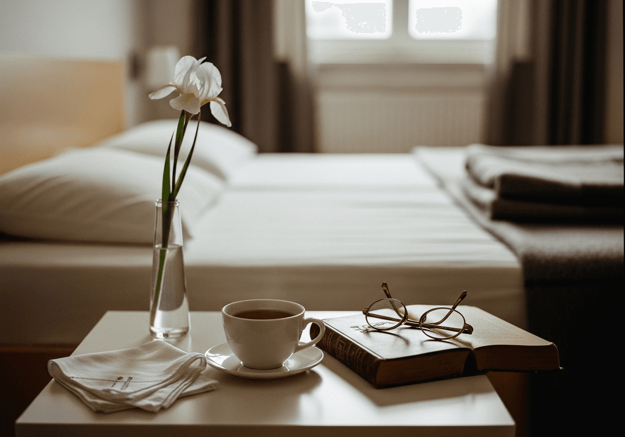 Schweizer Bett-Nachttisch im warmen Nachmittagslicht mit Tasse Kamillentee, Lederbuch und einer einzelnen weissen Iris in der Vase · Symbolbild für palliative Pflege zuhause