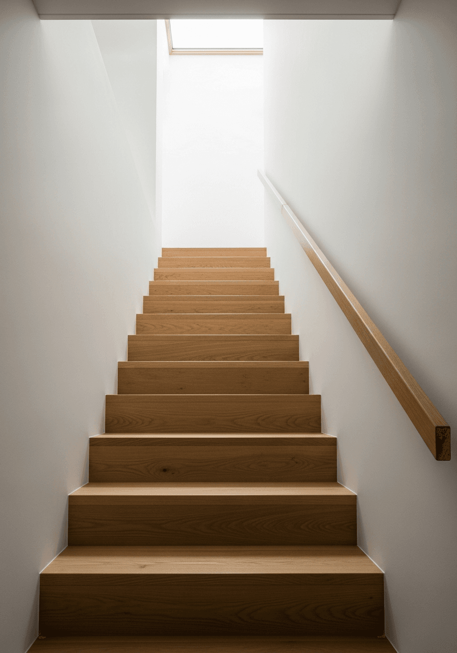 Innentreppe einer Schweizer Wohnung von unten nach oben fotografiert, helle Eichenstufen und schlichtes Holzgeländer im weichen Tageslicht