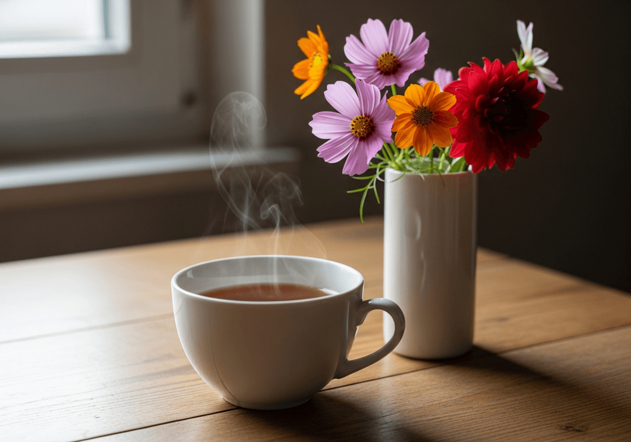 Weisse Porzellan-Teetasse mit dampfender Tee, schmale Vase mit Gartenblumen auf einem Schweizer Küchentisch im Morgenlicht