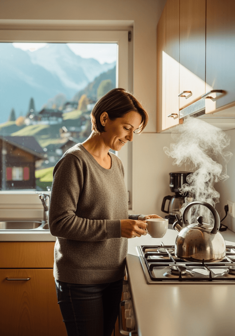 Eine Pflegekraft in Alltagskleidung bereitet in einer hellen Schweizer Küche Tee zu, im Hintergrund Schweizer Berge