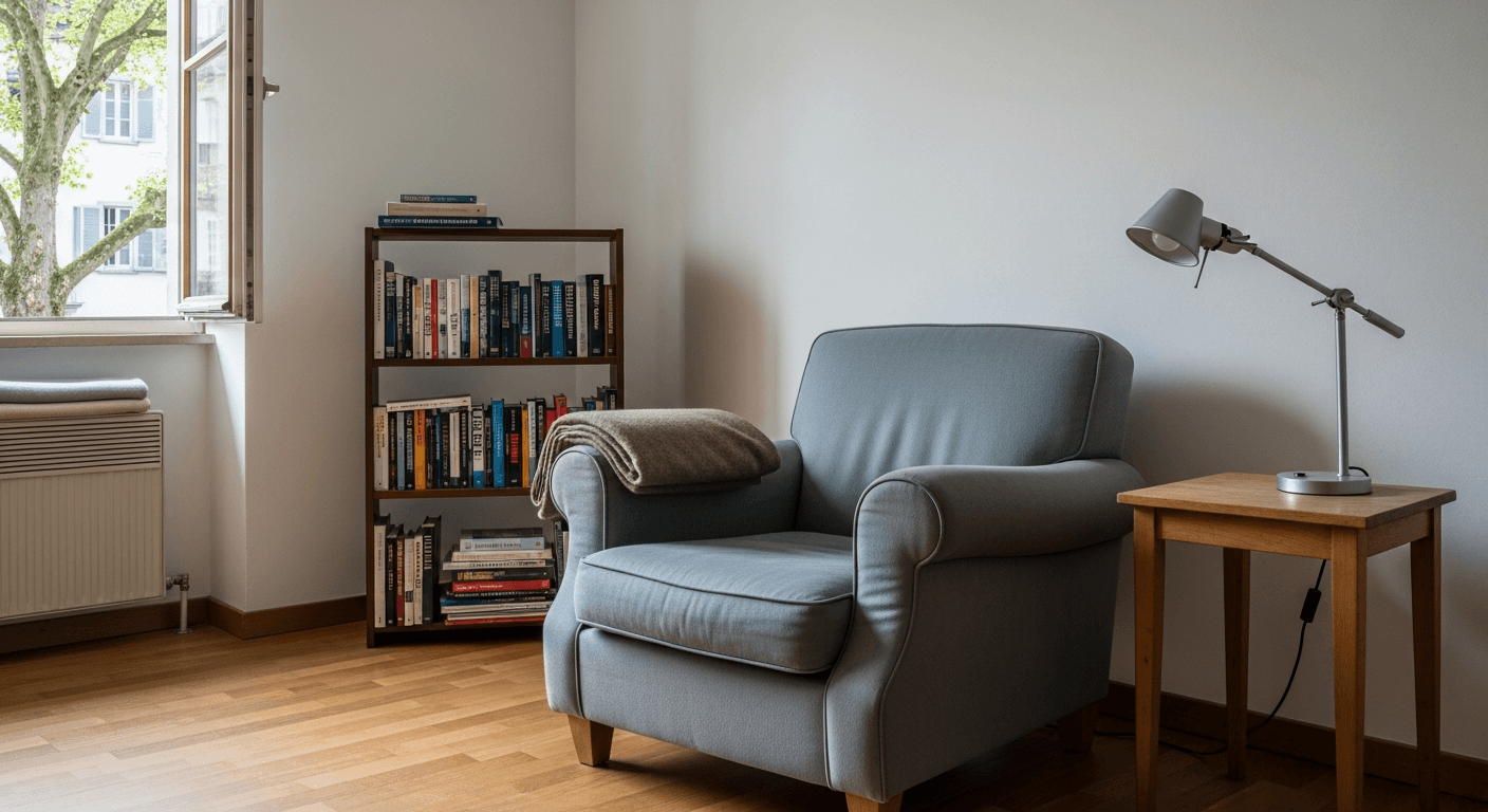 Wohnzimmer einer Schweizer Pflegeeinrichtung mit hellem Fenster, Sessel und kleinem Bücherregal · ruhig und alltagsnah