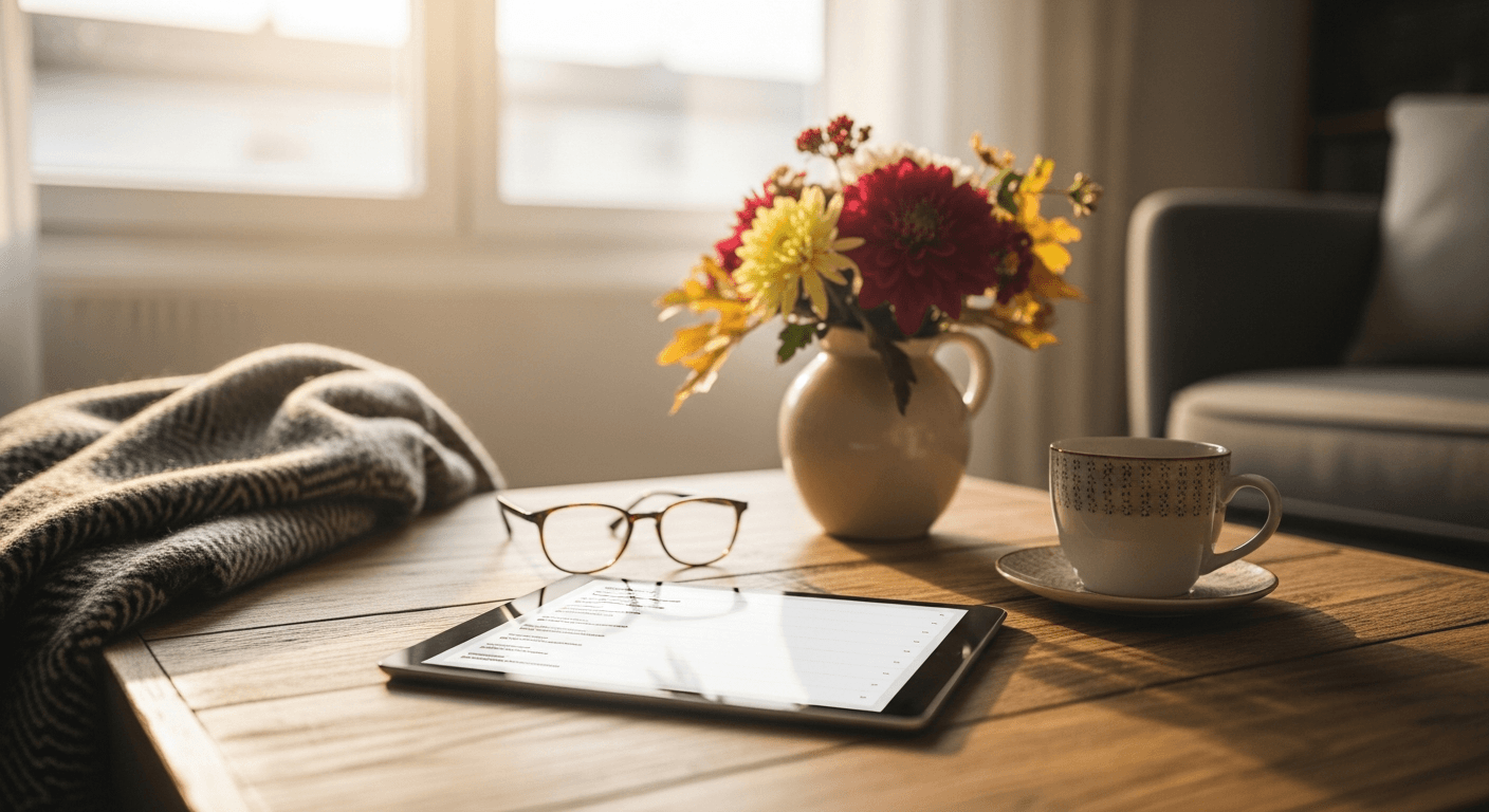 Tablet auf einem Schweizer Wohnzimmertisch zeigt eine einfache Liste, daneben Kaffeetasse, Lesebrille und Herbstblumen